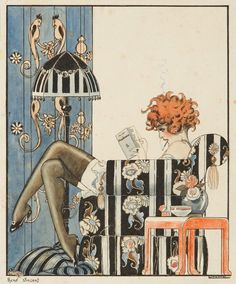 an illustration of a woman laying on top of a bed next to a bird cage