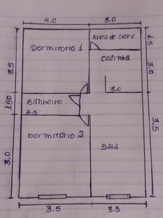 a drawing of a floor plan for a small house with two rooms and three bathrooms