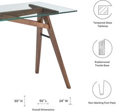 the table is made from wood and glass with measurements for each side, including height