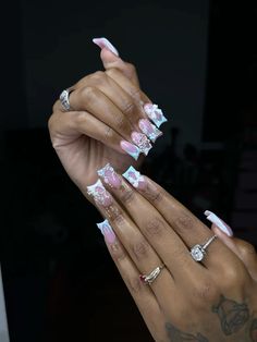 Birthday Inspo Nails, Freestyle Birthday Nails, Cute Nails Black Women, Cute Bling Nails, Nail Ideas Birthday, Birthday Freestyle Nails Virgo, Pink French Tip Nails Acrylics Long With Gems, Pink Bling Nails Rhinestones Sparkle, Sagittarius Nails Designs