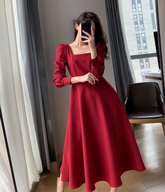 Women Long Midi dress,Long Sleeve dress,Women's Formal Dress,Spring Autumn Dress,Black Long Dress,White Maxi dress,Red Dress,Wedding Dress freeshipping - Vivian Seven Square Neckline Dress, Prom After Party, Dresses Dinner Party, Dresses Dinner, 파티 드레스, Mode Abaya, Hepburn Style, Red Dress Women, فستان سهرة