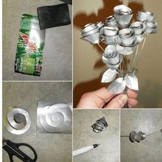 several pictures of different things made out of toilet paper and duct tape, including scissors