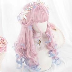 Kawaii Wigs, Long Curly Wig, Cosplay Hair, Kawaii Hairstyles, Size Difference, Curly Wig, Blue Gradient, Anime Hair, Hair Reference