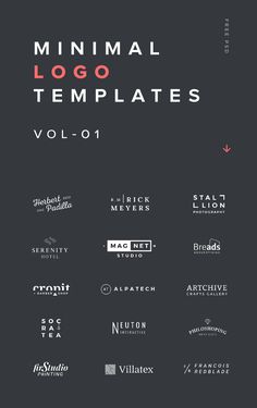 the minimal logo templates vol 01 is displayed on a black background with red and white lettering