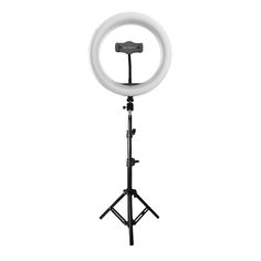 a white ring light on a black tripod