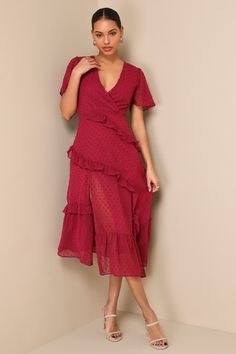 Next to You Plum Swiss Dot Ruffled Midi Dress Ruffled Midi Dress, Burgundy Midi Dress, Swiss Dot Dress, Full Midi Skirt, Navy Blue Midi Dress, Dot Texture, Lulu Fashion, Strapless Midi Dress, Midi Ruffle Dress