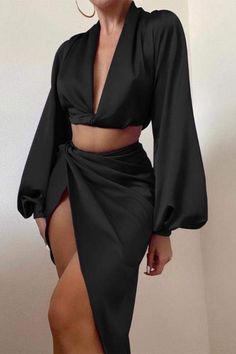 STYLED BY ALX COUTURE MIAMI BOUTIQUE WOMENS SKIRT BLACK Black Top Twist Skirt Set Satin Skirt And Top, Twist Skirt, Twisted Skirt, Top Satin, Satin Set, Satin Crop Top, Chic Type, Love Jeans, Gowns Online