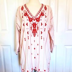 Gorgeous And Brand New With Tags!!!!!!!! Boho Fashion At Its Best. This Fits Loose And Oversized. Xs Revie Linen Embroidered Tunic. Length: 31 Inches Width: 24 Inches Size: Xs Loose Fitted - Small To Medium 100% Cotton Machine Wash Cold Original Price $195 Red Long Sleeve Blouse For Summer, Red Long Sleeve Blouse For Vacation, Red Tunic Tops For Spring, Casual Red Tunic For Vacation, Bohemian Red Blouse With Relaxed Fit, Red Tunic Blouse For Summer, Red Bohemian Tunic For Spring, Summer Red Blouse For Daywear, Red Summer Blouse For Daywear