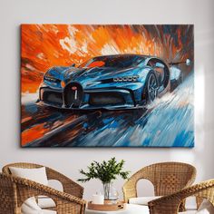 a painting of a bugatti on the wall above wicker chairs