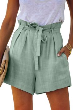 Green Tie Waist Casual Shorts with Pockets Green Bottoms With Pockets For Day Out, Casual Cotton Belted Shorts, Casual Green Bottoms With Tie Waist, Green Belted Bottoms For Spring, Green Summer Pants With Belt Loops, Green High-waisted Shorts With Pockets, Paperbag Waist Bottoms With Pockets For Day Out, Green Bottoms With Belt Loops For Summer, Casual Green Belted Pants