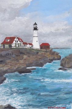 an oil painting of a lighthouse on the coast