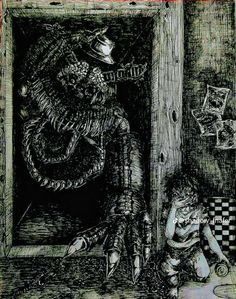 a black and white drawing of a person sitting in front of a door with a snake on it