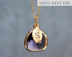 "This beautiful simulated amethyst necklace would be a perfect February birthstone birthday gift or for a wedding, anniversary, graduation, or any occasion. Click here to view the matching earrings: https://www.etsy.com/listing/736952660/amethyst-earrings-february-birthstone? The amethyst pendant is made of glass and is a gorgeous purple shade. It measures approximately 12.5x 16 mm and is hung on a 16\", 18\" or 20\" chain. The chain options include silver-plated, gold-plated, rose gold-plated, sterling silver, 14K gold-filled, or 14K rose gold-filled metal. The chains are dainty and very pretty - the perfect delicate necklace for everyday wear. The rose gold plated leaf charm is approximately .25 inches and is subtly stamped with an initial. The necklace can be purchased without the leaf Amethyst Gemstone Birthstone Necklace For Anniversary, Purple Birthstone Jewelry Gift, Anniversary Amethyst Gemstone Birthstone Necklace, Gold Gemstone Crystal Necklace For Wedding, Gold Crystal Gemstone Necklace For Wedding, Gold Amethyst Jewelry Gift, Gold Amethyst Jewelry As A Gift, Gold Amethyst Jewelry For Gift, Gold Amethyst Necklace For Wedding