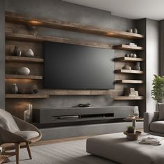 modern living room with large entertainment center and built - in shelving unit on the wall