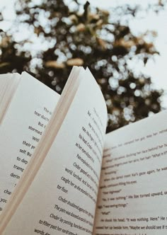 an open book sitting in front of a tree