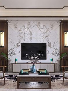 an elegant living room with marble walls and wood trimmings on the tv stand