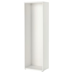 a tall white cabinet with no doors on the front and bottom shelf is open to reveal an empty space