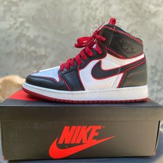 Great Condition !!! Jordan 1 Retro High Bloodline (Gs) Features A Black, Gym Red, And White Tumbled Leather Upper With Standard White Appearing At The Throat, Quarter, And Toe Box, All Surrounded By Deep Black Overlays And A Black "Swoosh" Logo. Includes The Shoe Box Jordan 1 Red And Black, Red High-top Jordan Shoes With Air Cushioning, Jordans Black And Red, Black High-top Jordan Shoes With Red Sole, Air Jordan 1 Red And Black, Jordan Red, Air Jordan 1 Retro High Og, Air Jordan 1 Retro High, Swoosh Logo