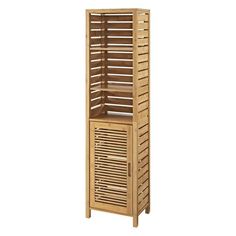 a tall wooden cabinet with shutters on the front and bottom shelves, against a white background