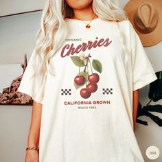 Cherry T-shirt, Vintage Cherry Tee, Retro Fruit Shirt, Summer T-shirt, Vintage Graphic Tee, Retro Comfort Colors Tee, Trendy Oversized Shirt - Etsy Trendy Crew Neck T-shirt With Cherry Print, Vintage Text Print Tops For Summer, Cherry Short Sleeve Tops For Summer, Cotton Cherry Print Crew Neck T-shirt, Trendy Short Sleeve T-shirt With Vintage Print, Cotton T-shirt With Cherry Print And Crew Neck, Cotton Crew Neck T-shirt With Cherry Print, Summer Cherry Print Crew Neck T-shirt, Trendy Cherry Summer Top