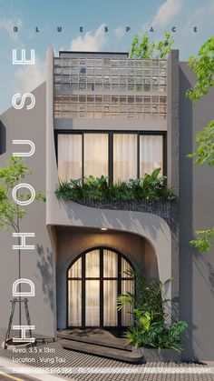 an architectural rendering of a building with plants growing on the windows and balconies