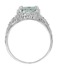 Edwardian Filigree Emerald Cut Prasiolite ( Green Amethyst ) Ring in Sterling Silver - Antique Jewelry Mall Ruby Cocktail, Emerald Cut Aquamarine Ring, Pretty Engagement Rings, Edwardian Engagement Ring, Floral Filigree, Ruby Rings, Emerald Rings, Filigree Engagement Ring, Green Amethyst Ring