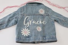 Cute Long Sleeve Denim Jacket For Spring, Spring Cute Denim Jacket With Pockets, Spring Denim Outerwear With Custom Embroidery, Spring Denim Jacket With Custom Embroidery, Spring Denim Jacket With Custom Embroidery And Long Sleeves, Embellished Clothes, Jacket Designs, Light Denim Jacket, Custom Denim Jacket