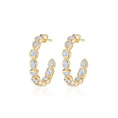 Hoop Earrings with Mixed Shape Diamonds - Gunderson's Jewelers Gold Diamond Hoop Earrings, Jewelry Drawing, Fancy Diamonds, Diamond Shop, Diamond Hoop Earrings, Shop Engagement Rings, Modern Earrings, Diamond Design, Dream Jewelry