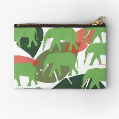 a green and red pattern with elephants on it zippered pouch - all over print