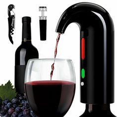 a glass of red wine being poured into a wine bottle next to grapes and a corkscrew