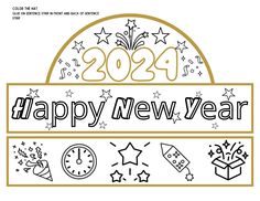 a happy new year sign with fireworks, stars and clock on the top of it