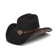 RICHARD is a Stampede Collection hat made from genuine leather and wool felt. Its 4 1/2 inch brim features an intricate design with studs and a star pin, and the star-shaped buckle has its own intricate design. The perfect blend of materials and craftsmanship offer a unique combination of comfort and style. Cowboy Style For Men, Cowboy Style Women, Black Felt Cowboy Hat, Mens Western Style, Felt Cowboy Hat, Mens Western Wear, Mens Cowboy Hats, Trending Hats, Mens Hats Fashion