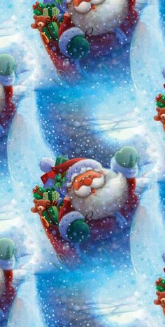 a santa clause is riding on his sleigh in the snow with presents around him