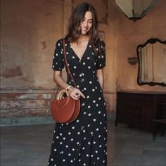 Beautiful Timeless Silk Button Front Dress By Sezane. Size 2, Worn But In Great Condition. Black With Cream(Ish) Polka Dots. I Wore It On My French Vacation And It Was So Perfect. French Vacation, Fashion Things, Button Front Dress, Black Cream, Porter, Polka Dots, Size 2, Dots, Silk