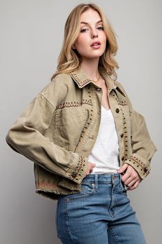 Elevate your style with our women's oversized embroidered cotton jacket. features 100% cotton, long sleeves, and elegant embroidery. perfect for layering. Embellishment Embroidery, Contrast Embroidery, Fall Capsule Wardrobe, Sheer Fabric, Twill Fabric, Cotton Jacket, Embroidery Details, Bottom Clothes, Denim Outfit