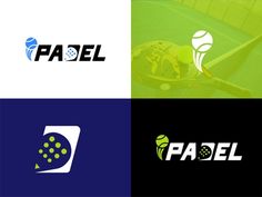 the logos for paddle tennis are shown in three different colors and styles, including blue, green, yellow, and white