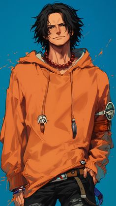 an anime character with black hair and orange hoodie