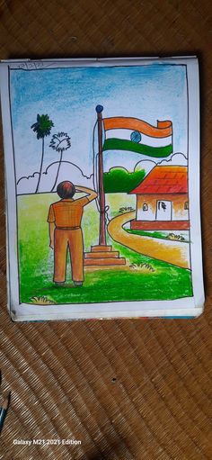 a drawing of a man holding a flag on top of a wooden table