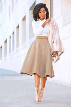 Faux Fur Jacket   Tie Front Sweater   Quilt Midi Skirt Rok Midi, Summer Ball, Classy Skirts, Vintage Ootd, Wedding Casual, Church Fashion, Gaun Fashion, Apostolic Fashion, Afrikaanse Mode