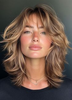 Sun-Kissed Layered Shag with Curtain Bangs Shag With Balayage, Shaggy Layers With Curtain Bangs, Wavy Shag With Curtain Bangs, Short Shag Hairstyles Curtain Bangs, Shag With Curtain Fringe Straight Hair, Curtain Bangs Shag Haircut, Medium Length Shag With Curtain Bangs, Light Shag Haircut, Shag Haircut Curtain Bangs Wavy