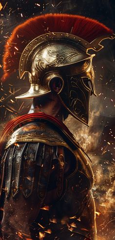 a close up of a person wearing a helmet with fire coming out of the background