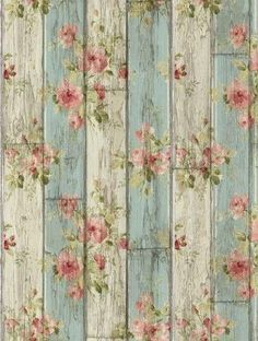 an old wooden wallpaper with pink flowers on blue and white stripes in the background