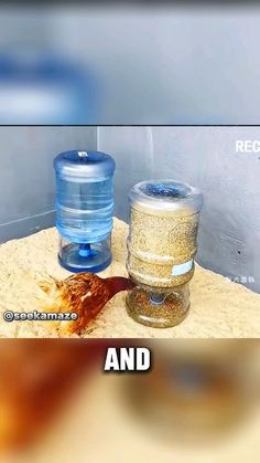 there are two water bottles sitting on the floor next to each other, and one is filled with sand