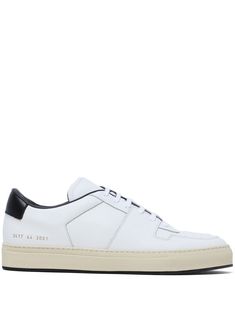 white/black calf leather smooth grain serial number print at the heel contrasting heel counter panelled design round toe perforated toebox front lace-up fastening branded insole rubber outsole Common Projects, Panel Design, Sneakers White, Mens Shoes Sneakers, Leather Sneakers, Calf Leather, White Black, Grain, Men's Shoes