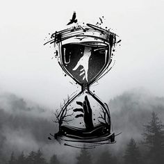 an hourglass with a hand in the middle and trees behind it, on a foggy day