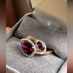 Just Gorgeous! Fine Gold And Rhodolite Garnets Surrounded With Natural Diamonds. In A New Condition Fine Jewelry Hallmarked Garnet Rings, Luxury Collectible Garnet Rings, Gold Garnet Multi-stone Ring, Rhodolite Garnet Ring, Garnet And Diamond Ring, Rhodolite Garnet, Garnet Rings, Womens Jewelry Rings, Garnet