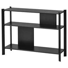 the shelf is black and has three shelves on each side, one with two open sides