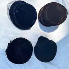 What a bargain for a serious vintage buyer!  A lot of FOUR vintage hats in very good to excellent vintage condition.  All four hats are in the small to medium range.  See descriptions below of each hat: 1.  A Clemar Original Made in Italy, Black Wool Slouch Hat, with a cocky turkey tail embellishment on the side, which is a little loose and can easily be stitched.   Hat could be older than 1950s.  Very Joan Blondellish.   Size 21.5 circumference   Height:  3" 2. Dark blue velvet hat with a veil. Veil is attached by 5 rhinestones.   Amberly made by Queen City Millinery.  I cannot find anything about this milliner.  Could be for a riding habit.  Hat is in very good condition.  Veil has no tears.   Size 21 circumference   Height:  3" 3. A Joan Howard Original, brown velvet pillbox with pinkis Retro Cloche Mini Hat For Formal Occasions, Retro Cloche Mini Hat For Formal Events, Vintage Cloche Felt Hat For Party, Retro Formal Cloche Mini Hat, Vintage Fedora Hat For Evening, Vintage Fedora For Evening Wear, Vintage Mini Hats With Short Brim For Formal Occasions, Retro Mini Hats With Short Brim For Vintage Events, Vintage Curved Brim Boater Hat For Evening