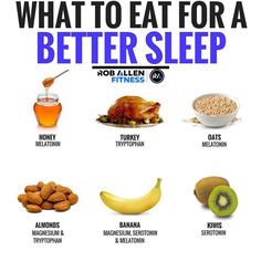 What to eat to sleep better. Here are a few things you can eat that should help you get and stay asleep.Magnesium, Tryptophan, Serotonin and Melatonin are all responsible for sleep in their own way. The first 3 help with production of Melatonin, which is responsible for our sleep cycle. You want Melatonin to be high right before sleeping. Here are the 9 best foods you can eat before bed to enhance your sleep quality. Many foods contain naturally occurring substances that bring on sleep. Strong Brain, Sleep Food, Healthy Vitamins, Food For Sleep, Sleeping Tips, Food Benefits, Help Sleep, Sleep Habits, Resep Diet