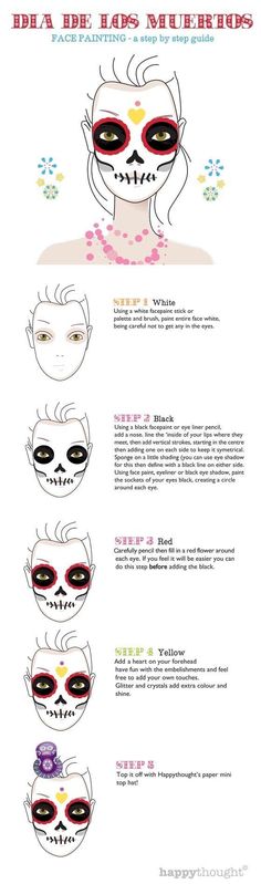 Step By Step Skull Makeup, Katrina Face Painting, Sugar Skull Tutorial, De Los Muertos Costume Ideas, Easy Day Of The Dead Makeup Diy, Sugar Skull Makeup Tutorial Step By Step, Sugar Skull Costume Outfit Diy, Easy Day Of The Dead Makeup